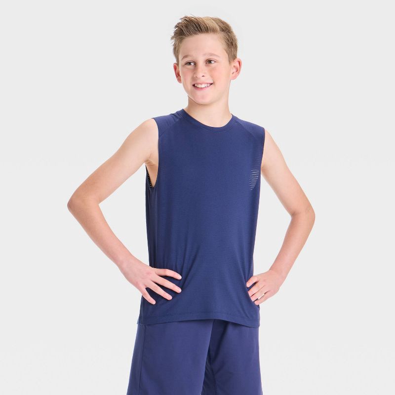 slide 1 of 3, Boys' Raglan Active Tank Top - All In Motion™ Navy Blue XL: Recycled Polyester, Spandex, Lightweight, Pullover, Below Hip, 1 ct