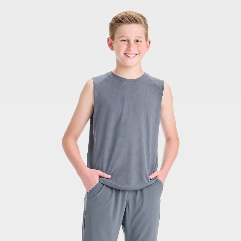 slide 1 of 3, Boys' Raglan Active Tank Top - All In Motion™ Dark Gray S: Lightweight Sleeveless Knit Wear, 1 ct
