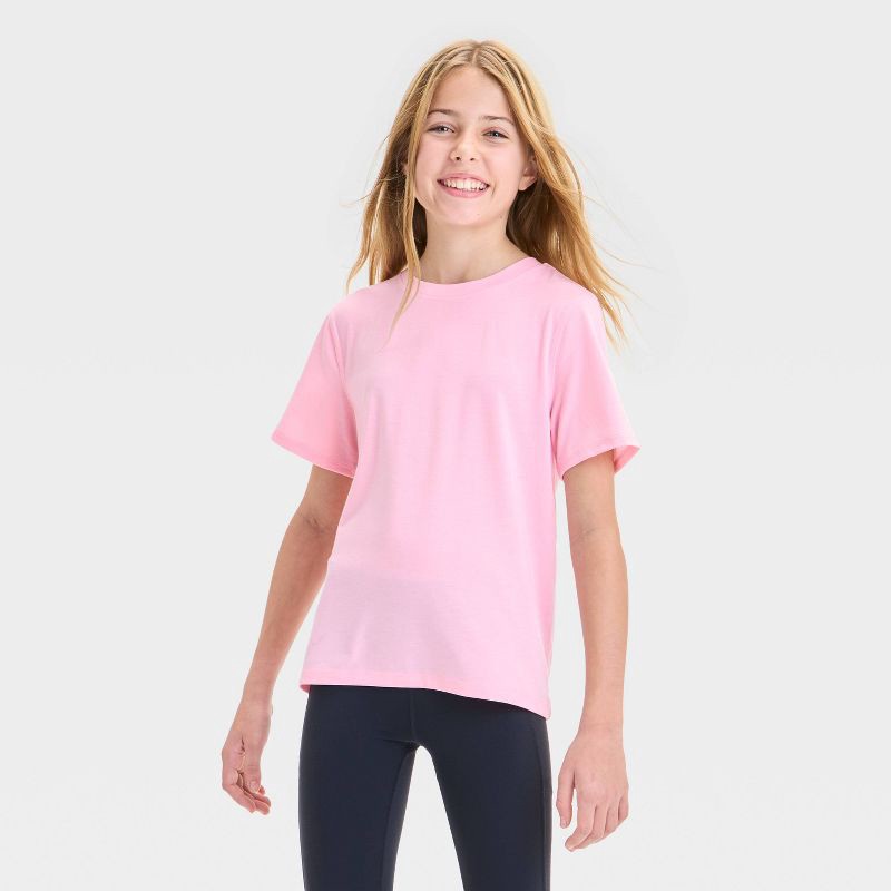 slide 1 of 3, Girls' Short Sleeve Gym T-Shirt - All In Motion™ Pink XL: Recycled Polyester Blend, Crew Neck, Jersey Fabric, Machine Washable, 1 ct