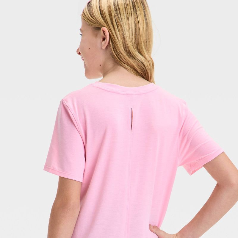 slide 3 of 3, Girls' Short Sleeve Gym T-Shirt - All In Motion™ Pink XL: Recycled Polyester Blend, Crew Neck, Jersey Fabric, Machine Washable, 1 ct