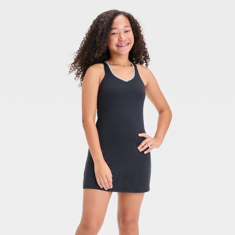 slide 1 of 3, Girls' Contrast Trim Active Dress - All In Motion™ Black L: Recycled Polyester, V Neck, Stash Pocket, 1 ct