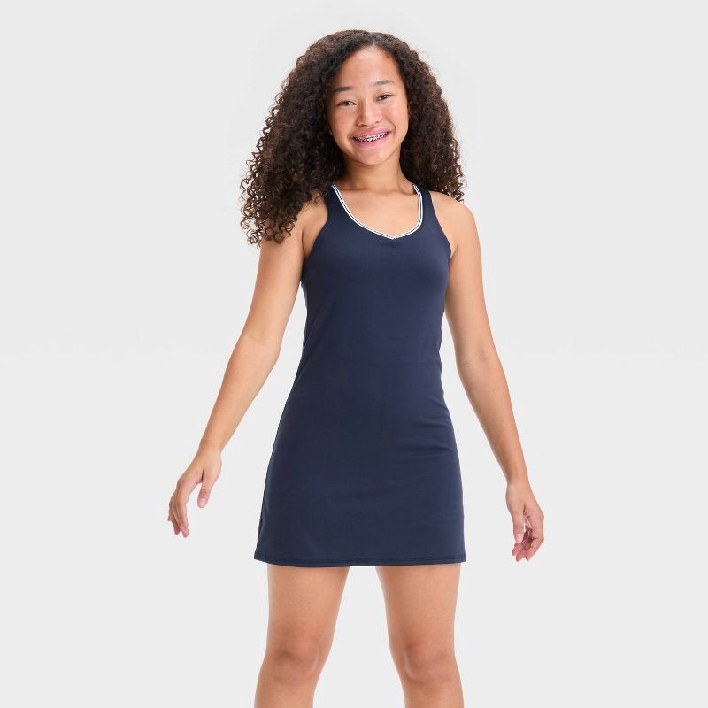 slide 1 of 3, Girls' Contrast Trim Active Dress - All In Motion™ Navy Blue XS: Recycled Polyester, V Neck, Stash Pocket, 1 ct