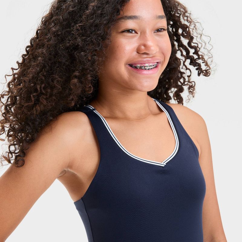 slide 3 of 3, Girls' Contrast Trim Active Dress - All In Motion™ Navy Blue XS: Recycled Polyester, V Neck, Stash Pocket, 1 ct