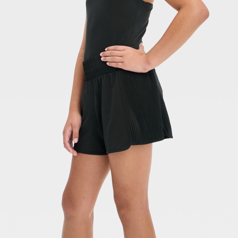 slide 3 of 3, Girls' Active Light Side Pleated Woven Shorts - All In Motion™ Black XS: Moisture Wicking, Quick Dry, 4-Way Stretch, 1 ct