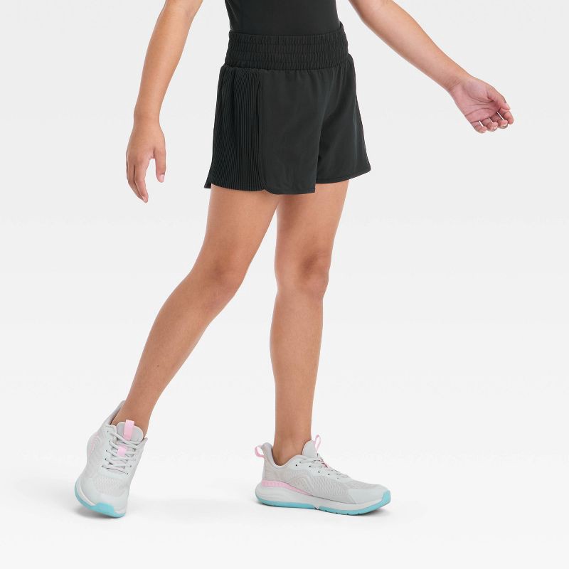 slide 1 of 3, Girls' Active Light Side Pleated Woven Shorts - All In Motion™ Black XS: Moisture Wicking, Quick Dry, 4-Way Stretch, 1 ct