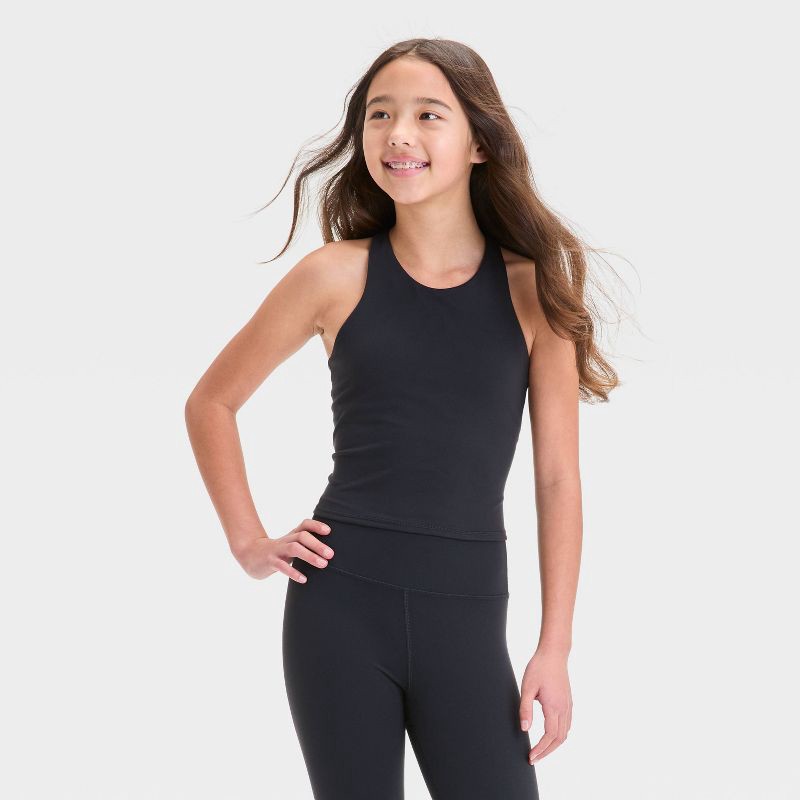slide 1 of 3, Girls' Strappy Crop Tank Top - All In Motion™ Black XS: Moisture Wicking, Midweight, Knit, 1 ct