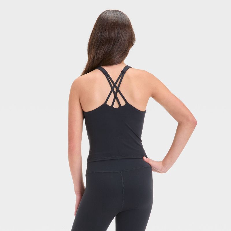 slide 2 of 3, Girls' Strappy Crop Tank Top - All In Motion™ Black M: Moisture Wicking, Midweight, Recycled Polyester, Knit, 1 ct