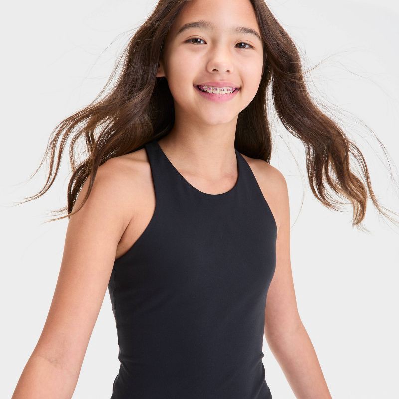 slide 3 of 3, Girls' Strappy Crop Tank Top - All In Motion™ Black M: Moisture Wicking, Midweight, Recycled Polyester, Knit, 1 ct