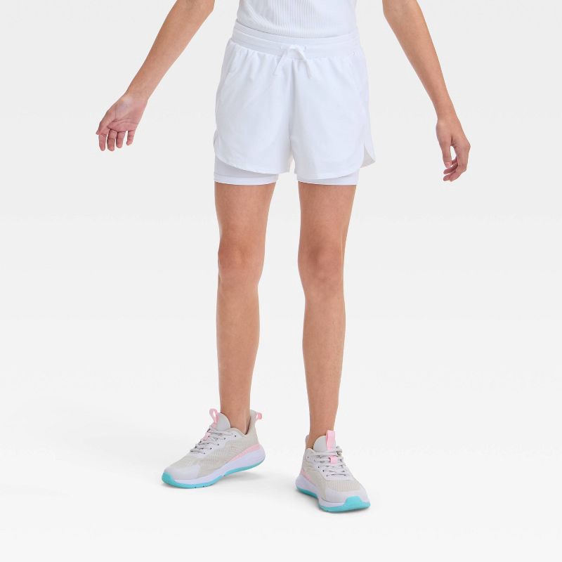 slide 1 of 3, Girls' Active Light 2-In-1 Run Shorts - All In Motion™ White M: Recycled Polyester, Spandex, Stash Pocket, 1 ct