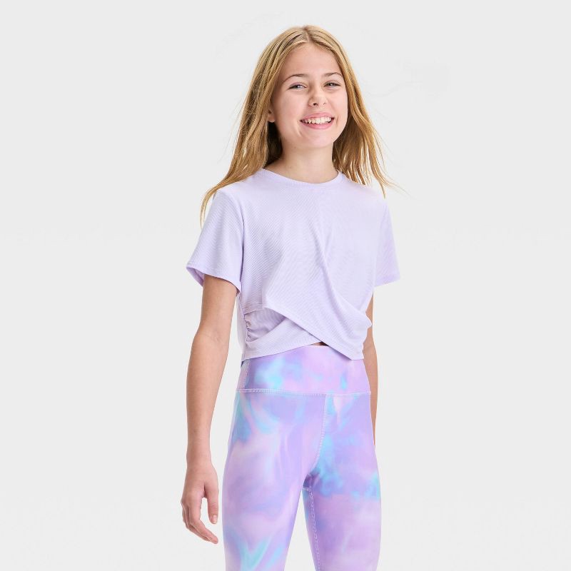 slide 1 of 3, Girls' Twist Front Ribbed T-Shirt - All In Motion™ Light Purple L: UPF 50+, Cropped Top, 1 ct