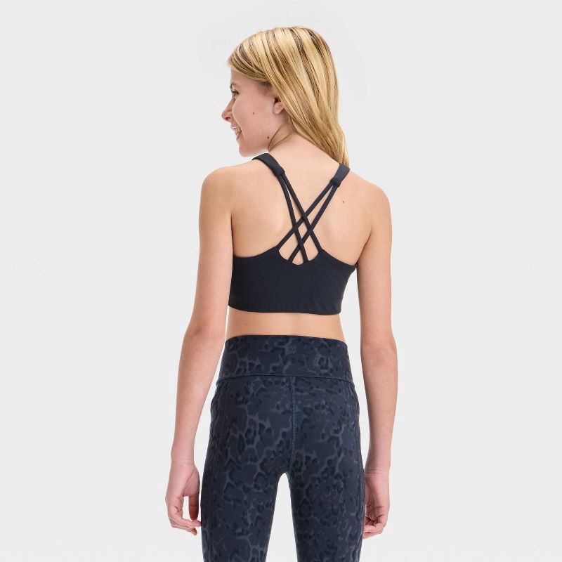 slide 2 of 3, Girls' Strappy Sports Bra - All In Motion™ Black L: Moisture Wicking, Lattice Back, Flat Seams, Pullover, 1 ct