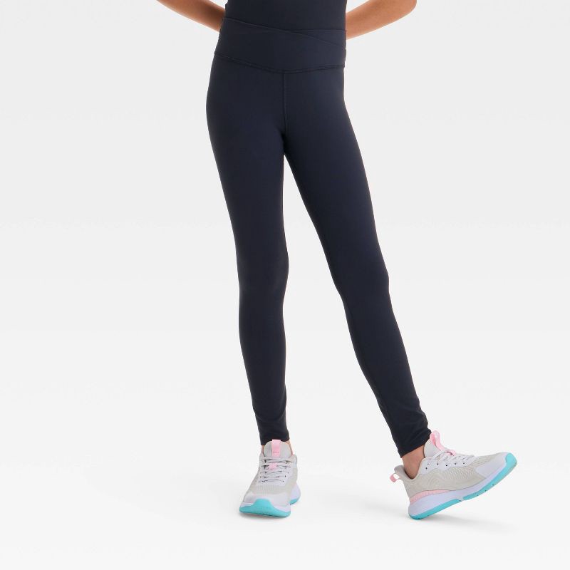 slide 1 of 3, Girls' Everyday Soft Crossover Waistband Leggings - All In Motion™ Black L: High Rise, Moisture Wicking, Midweight Knit, 23.25" Inseam, 1 ct