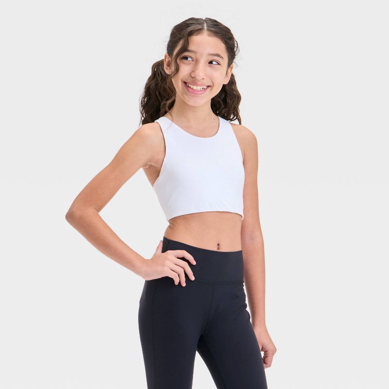 slide 1 of 3, Girls' Strappy Sports Bra - All In Motion™ White S: Recycled Polyester, Spandex, Moisture Wicking, Lattice Back, 1 ct