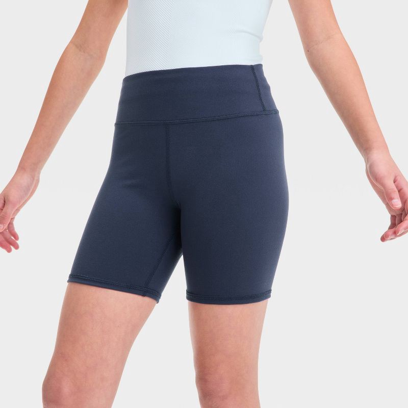 slide 3 of 3, Girls' Bike Shorts - All In Motion™ Navy Blue M: Recycled Polyester, Spandex, Moisture Wicking, Quick Dry, High Rise, 1 ct