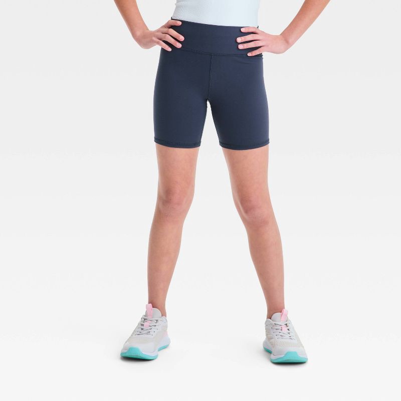 slide 1 of 3, Girls' Bike Shorts - All In Motion™ Navy Blue M: Recycled Polyester, Spandex, Moisture Wicking, Quick Dry, High Rise, 1 ct