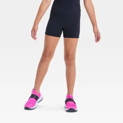Girls' Tumble Shorts - All In Motion™ Black M: High Rise, Moisture Wicking, Knit, Pull-On, 3" Inseam