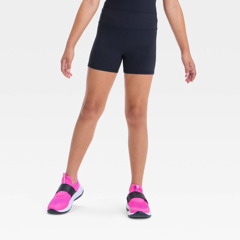 slide 1 of 3, Girls' Tumble Shorts - All In Motion™ Black L: Recycled Polyester, Spandex, Moisture Wicking, High Rise, Pull-On, 1 ct