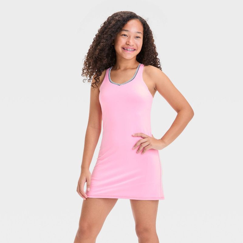 slide 1 of 3, Girls' Contrast Trim Active Dress - All In Motion™ Pink S: Recycled Polyester, Spandex, V Neck, Stash Pocket, 1 ct