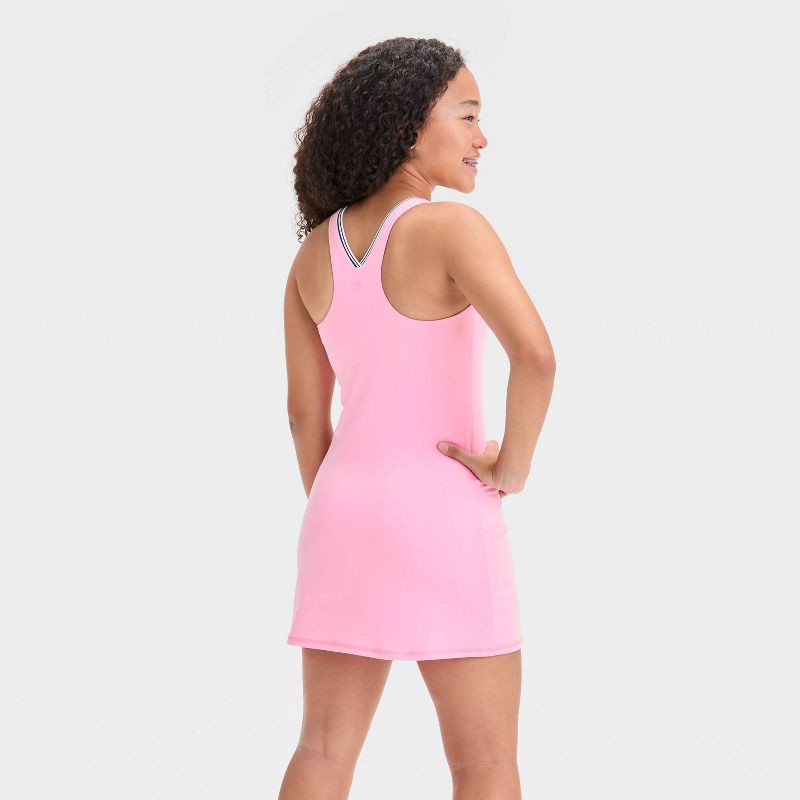 slide 2 of 3, Girls' Contrast Trim Active Dress - All In Motion™ Pink XL: Recycled Polyester, V Neck, Stash Pocket, 1 ct