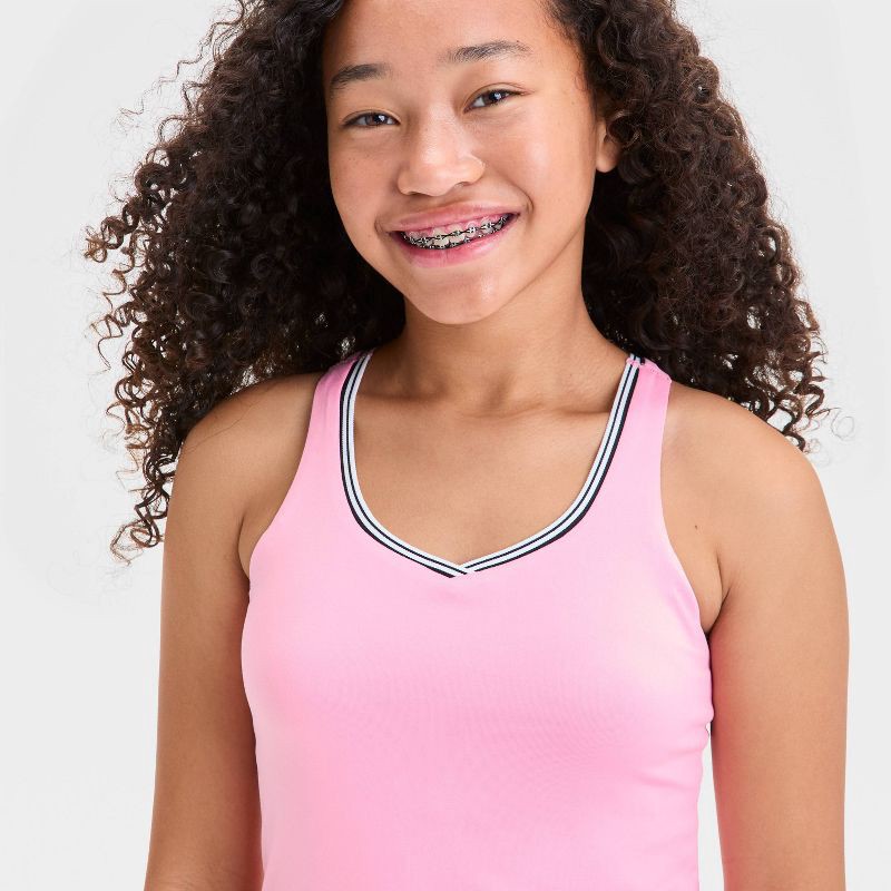 slide 3 of 3, Girls' Contrast Trim Active Dress - All In Motion™ Pink XL: Recycled Polyester, V Neck, Stash Pocket, 1 ct