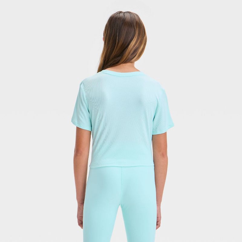 slide 2 of 3, Girls' Twist Front Ribbed T-Shirt - All In Motion™ Light Teal Green S: UPF 50+ Cropped Top, 1 ct