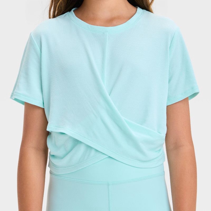 slide 3 of 3, Girls' Twist Front Ribbed T-Shirt - All In Motion™ Light Teal Green S: UPF 50+ Cropped Top, 1 ct