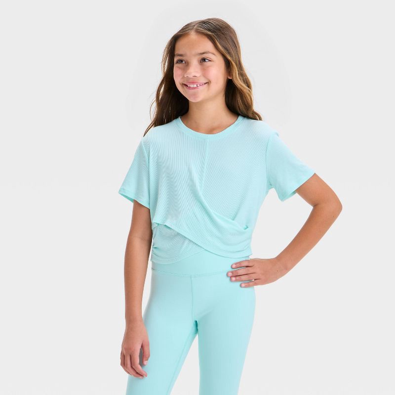 slide 1 of 3, Girls' Twist Front Ribbed T-Shirt - All In Motion™ Light Teal Green S: UPF 50+ Cropped Top, 1 ct