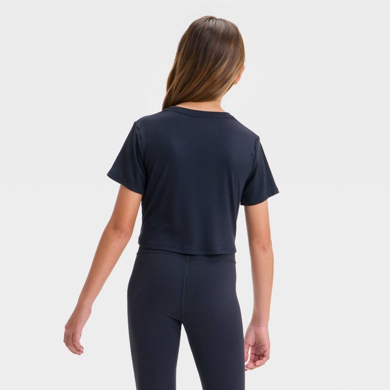 slide 2 of 3, Girls' Twist Front Ribbed T-Shirt - All In Motion™ Black S: UPF 50+, Cropped Knit Top, 1 ct