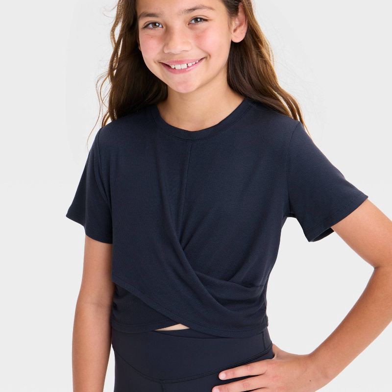 slide 3 of 3, Girls' Twist Front Ribbed T-Shirt - All In Motion™ Black S: UPF 50+, Cropped Knit Top, 1 ct