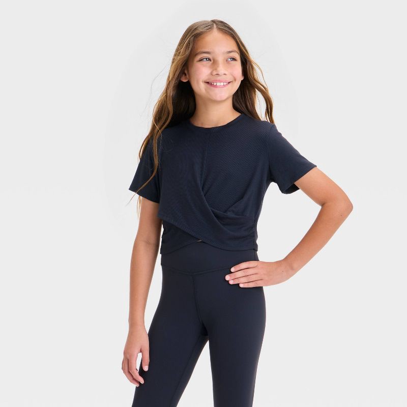 slide 1 of 3, Girls' Twist Front Ribbed T-Shirt - All In Motion™ Black S: UPF 50+, Cropped Knit Top, 1 ct