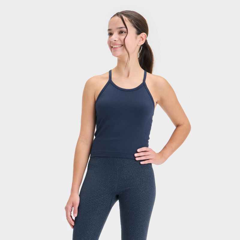 slide 1 of 3, Girls' Seamless Crop Tank Top - All In Motion™ Navy Blue XS: Fit, Midweight Knit, Pullover, Sleeveless, 1 ct