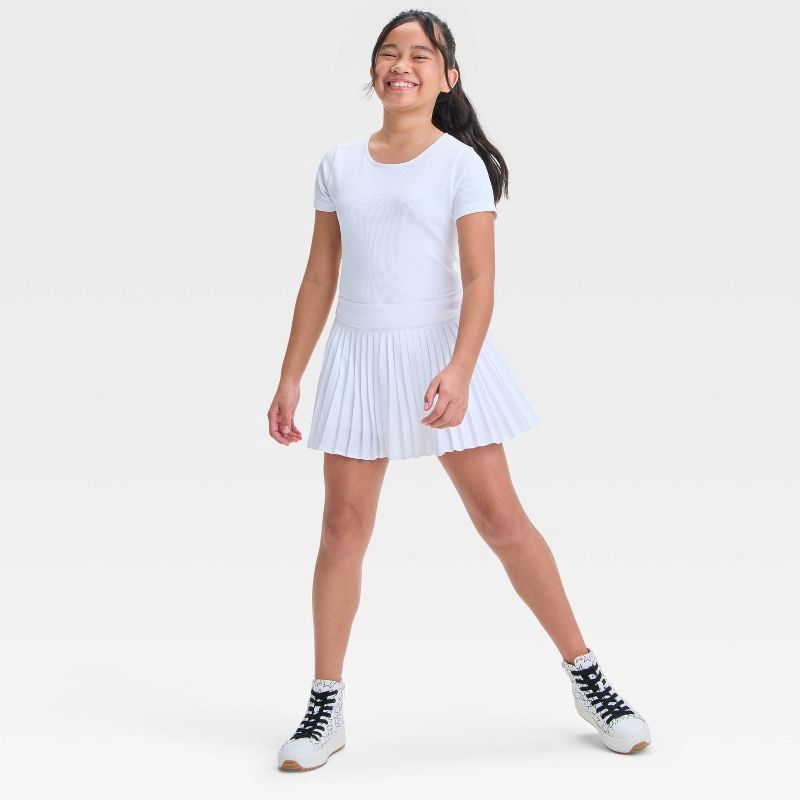 slide 3 of 3, Girls' Active Light Pleated Skort - All In Motion™ White M: Recycled Polyester, Spandex, Moisture Wicking, Quick Dry, 4-Way Stretch, 1 ct