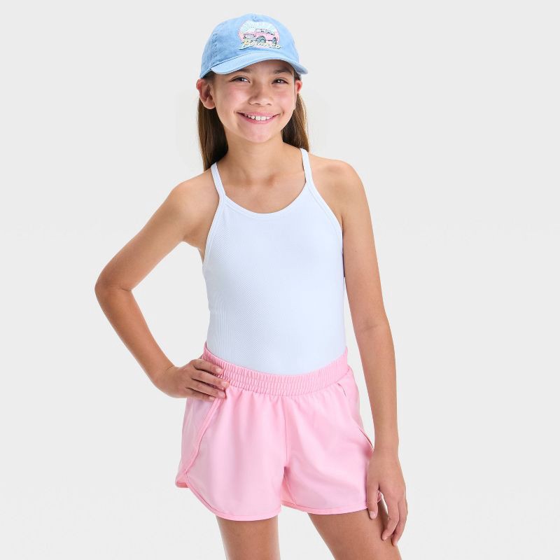slide 3 of 3, Girls' Run Shorts - All In Motion™ Pink M: Recycled Polyester, Lightweight, Mid Rise, Elastic Waistband, 1 ct