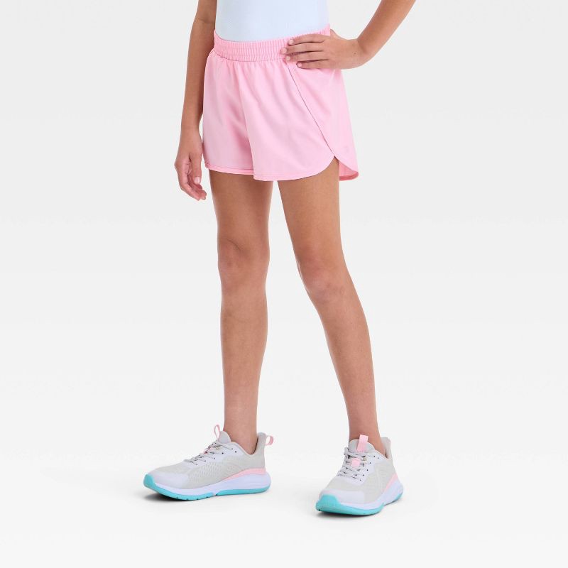 slide 1 of 3, Girls' Run Shorts - All In Motion™ Pink M: Recycled Polyester, Lightweight, Mid Rise, Elastic Waistband, 1 ct