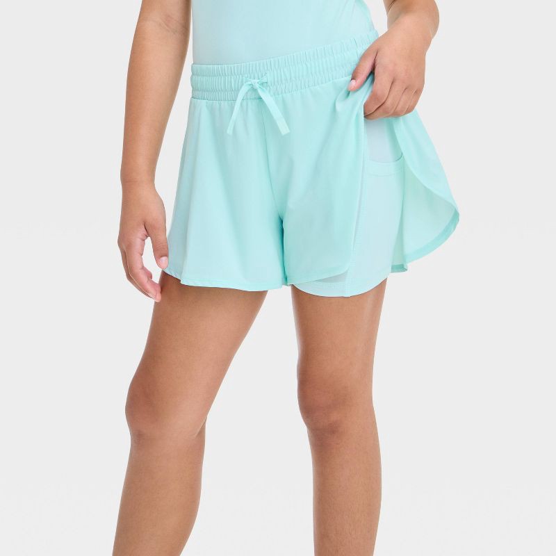 slide 3 of 3, Girls' Flowy Shorts - All In Motion™ Light Teal Green XS: Recycled Polyester, Spandex, Adjustable Waistband, 1 ct