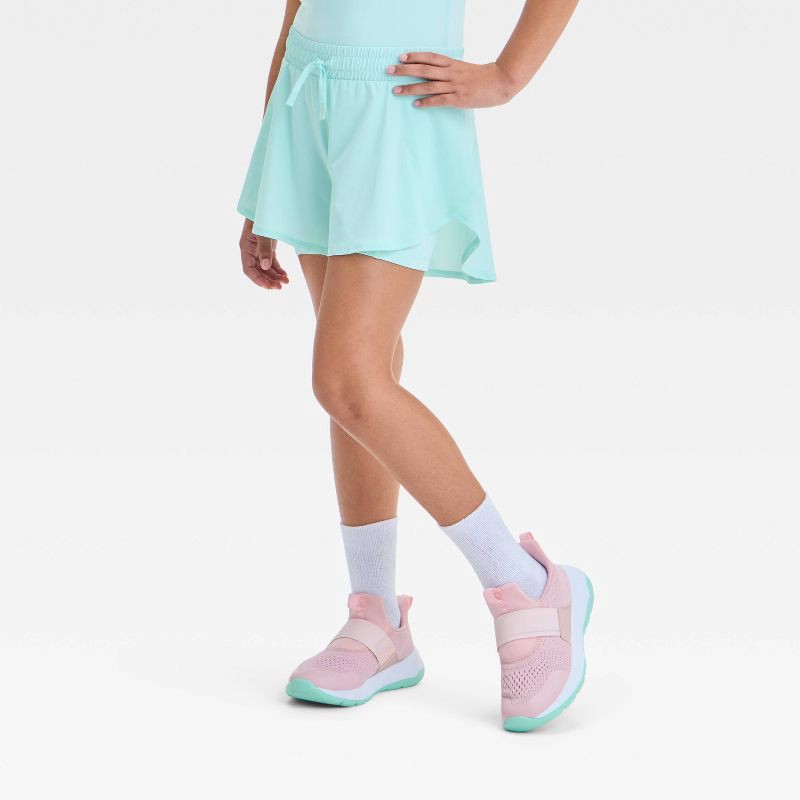 slide 1 of 3, Girls' Flowy Shorts - All In Motion™ Light Teal Green XS: Recycled Polyester, Spandex, Adjustable Waistband, 1 ct