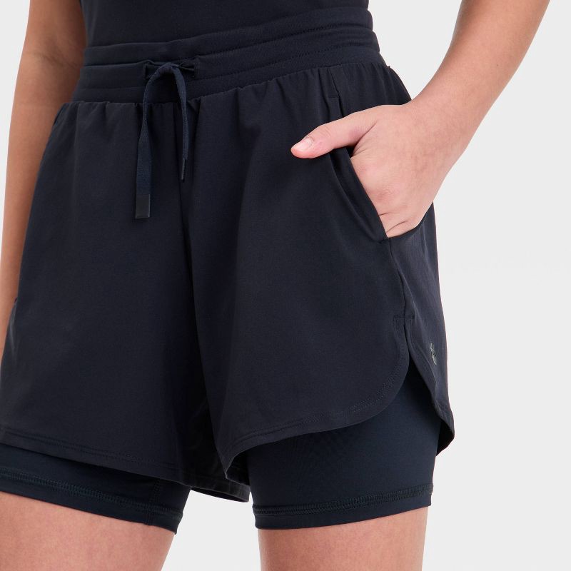 slide 3 of 3, Girls' Active Light 2-In-1 Run Shorts - All In Motion™ Black M: Recycled Polyester, Spandex, Flexible Drawstring, Stash Pocket, 1 ct