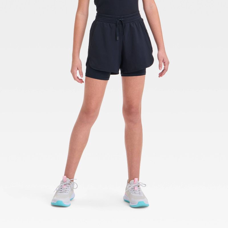 slide 1 of 3, Girls' Active Light 2-In-1 Run Shorts - All In Motion™ Black M: Recycled Polyester, Spandex, Flexible Drawstring, Stash Pocket, 1 ct