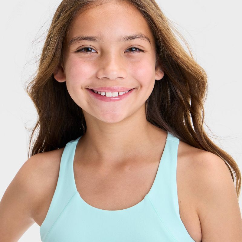 slide 3 of 3, Girls' Racerback Sports Bra - All In Motion™ Light Teal Green L: Moisture Wicking, Flat Seams, Pullover, 1 ct
