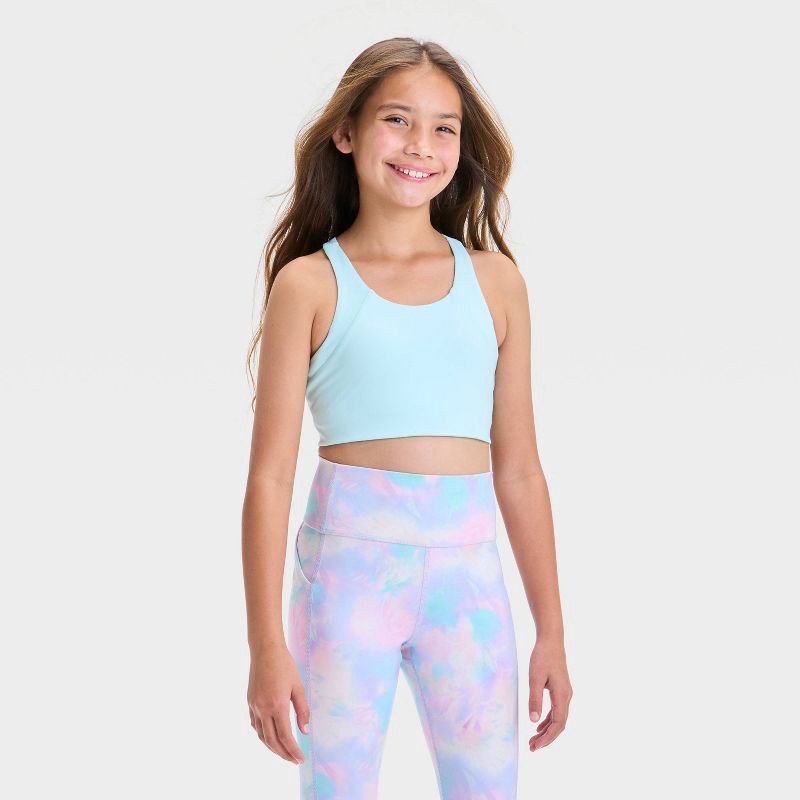 slide 1 of 3, Girls' Racerback Sports Bra - All In Motion™ Light Teal Green L: Moisture Wicking, Flat Seams, Pullover, 1 ct