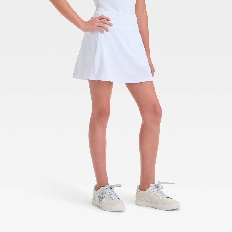 slide 1 of 3, Girls' Active Light Woven Skort - All In Motion™ White S: Recycled Polyester, Spandex, Elastic Waistband, Built-in Shorts, 1 ct