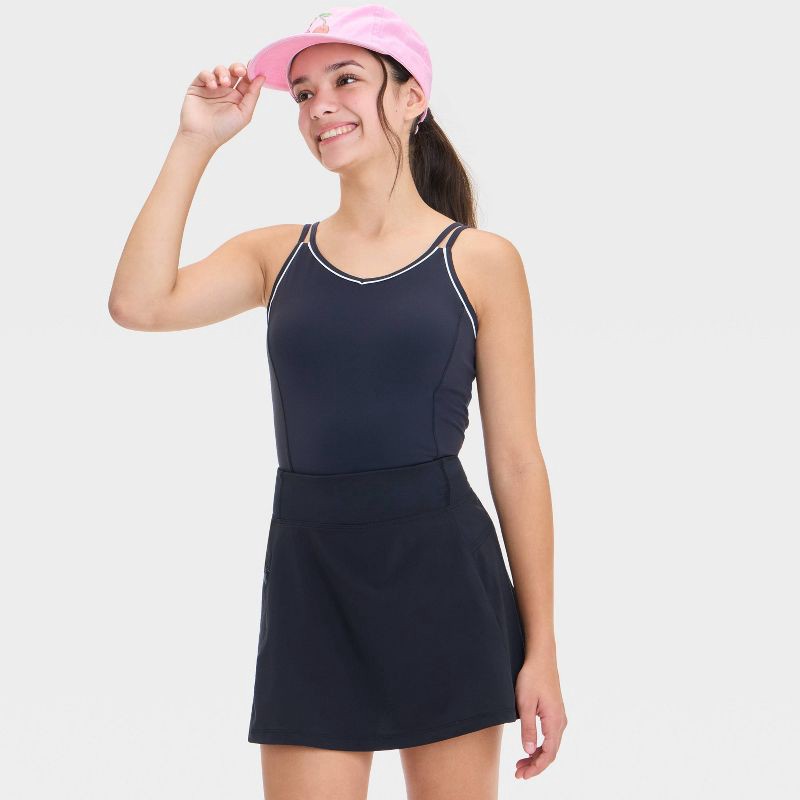 slide 3 of 3, Girls' Active Light Woven Skort - All In Motion™ Black L: Recycled Polyester, Spandex, Moisture Wicking, Quick Drying, 1 ct