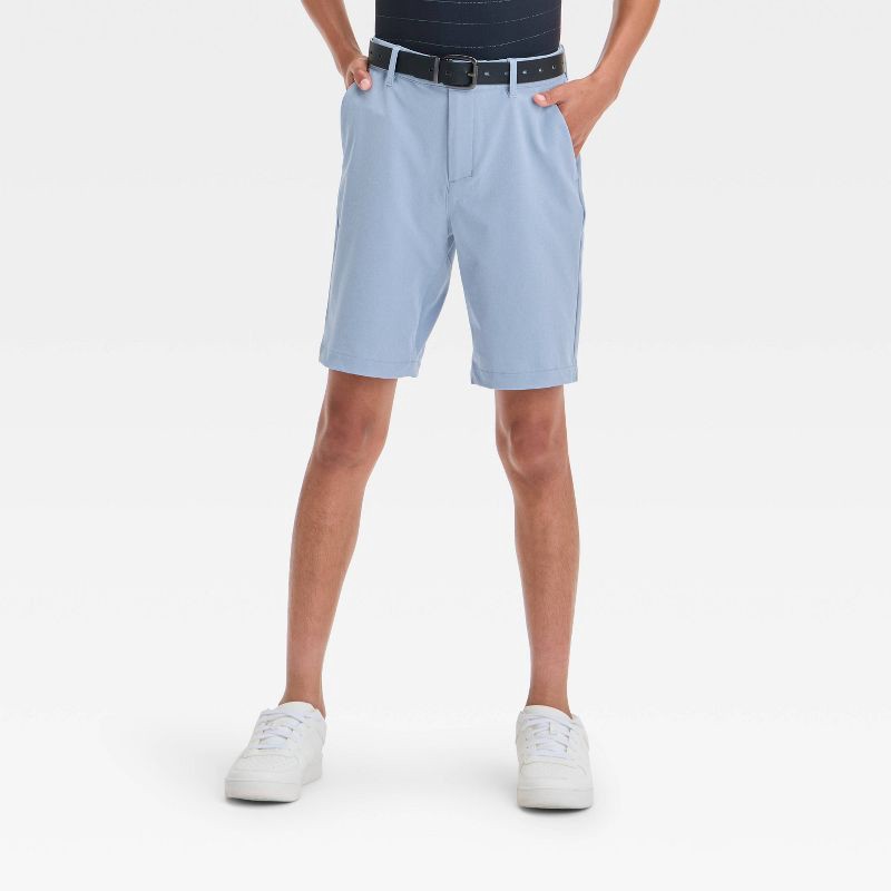 slide 1 of 3, Boys' Golf Shorts - All In Motion™ Light Blue 14: Recycled Polyester, Spandex, UPF 50+, Front Pocket, Belt Loops, 1 ct