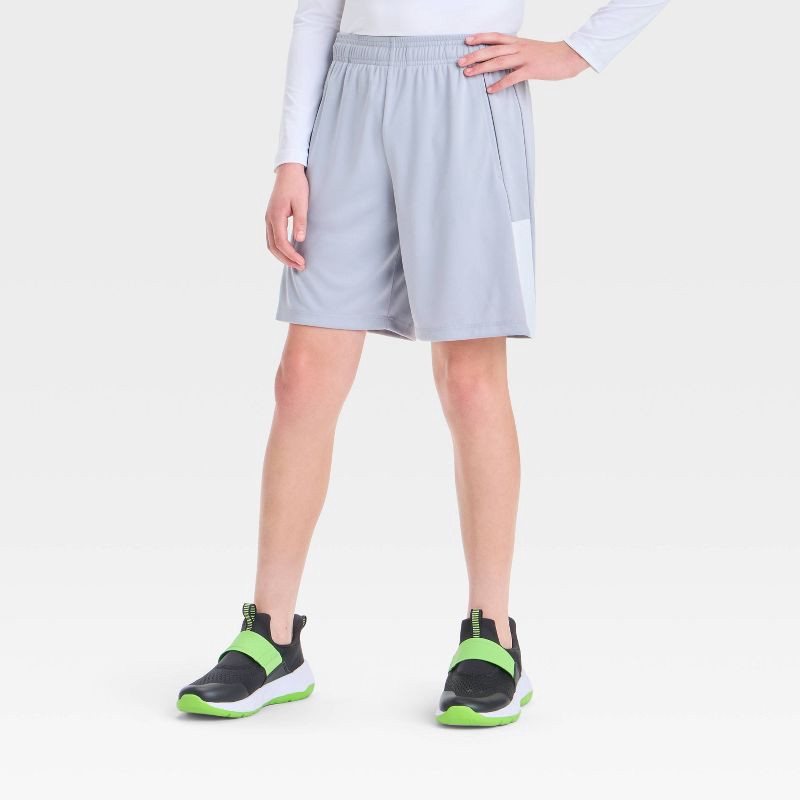 slide 1 of 3, Boys' Training Shorts - All In Motion™ Gray XL: Recycled Polyester, Extra Lightweight, Flexible Drawstring, 8" Inseam, 1 ct