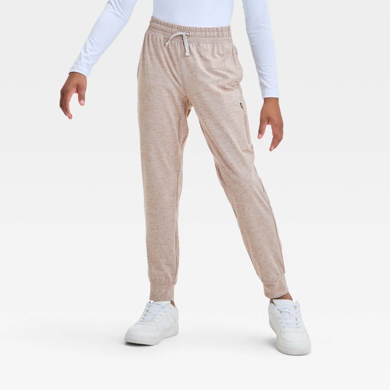 slide 1 of 3, Boys' Soft Stretch Jogger Pants - All In Motion™ Tan L: Recycled Polyester, Spandex, Zippered Pocket, 1 ct