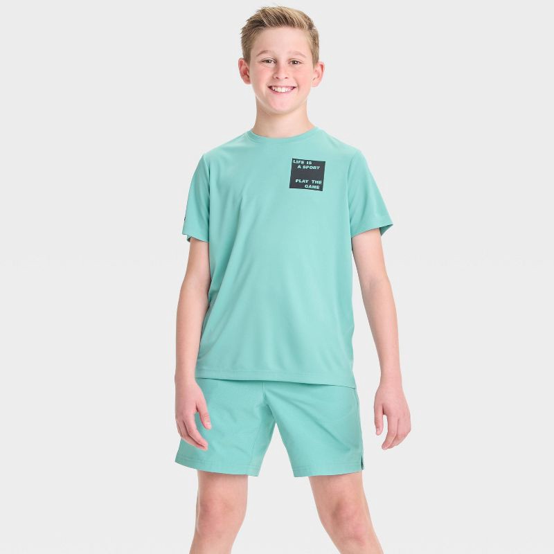 slide 3 of 3, Boys' Textured Woven Shorts - All In Motion™ Light Teal Green M: Moisture Wicking, Quick Dry, Elastic Waistband, 1 ct