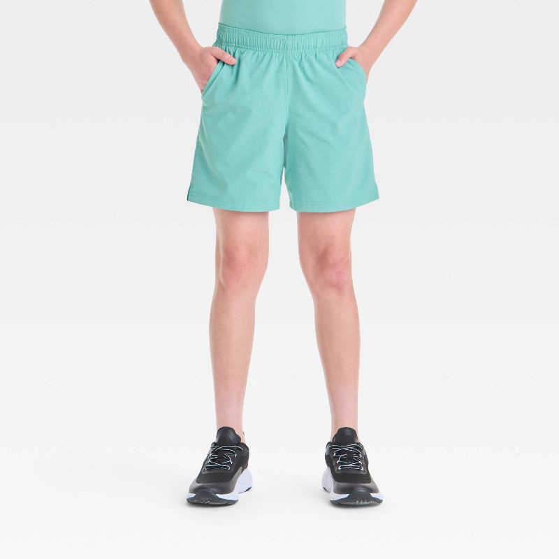 slide 1 of 3, Boys' Textured Woven Shorts - All In Motion™ Light Teal Green M: Moisture Wicking, Quick Dry, Elastic Waistband, 1 ct