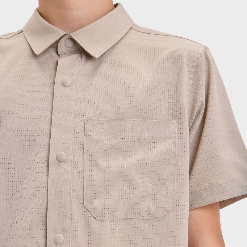 slide 3 of 3, Boys' Short Sleeve Adventure Shirt - All In Motion™ Tan S: Moisture Wicking, Quick Dry, Collared, Patch Pocket, 1 ct
