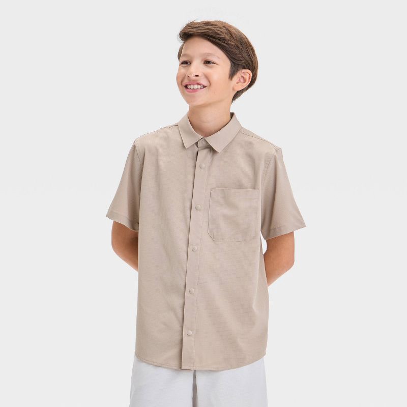 slide 1 of 3, Boys' Short Sleeve Adventure Shirt - All In Motion™ Tan M: Recycled Polyester, Spandex, Moisture Wicking, Quick Drying, 1 ct