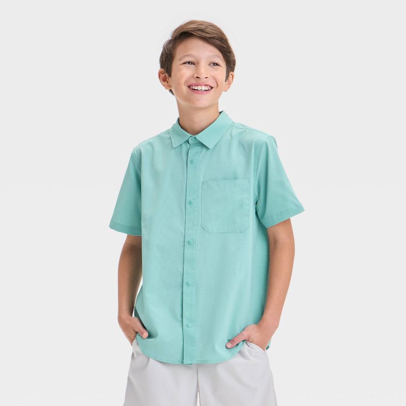slide 1 of 3, Boys' Short Sleeve Adventure Shirt - All In Motion™ Teal Green XS: Recycled Polyester, Spandex, Moisture Wicking, Quick Drying, 1 ct